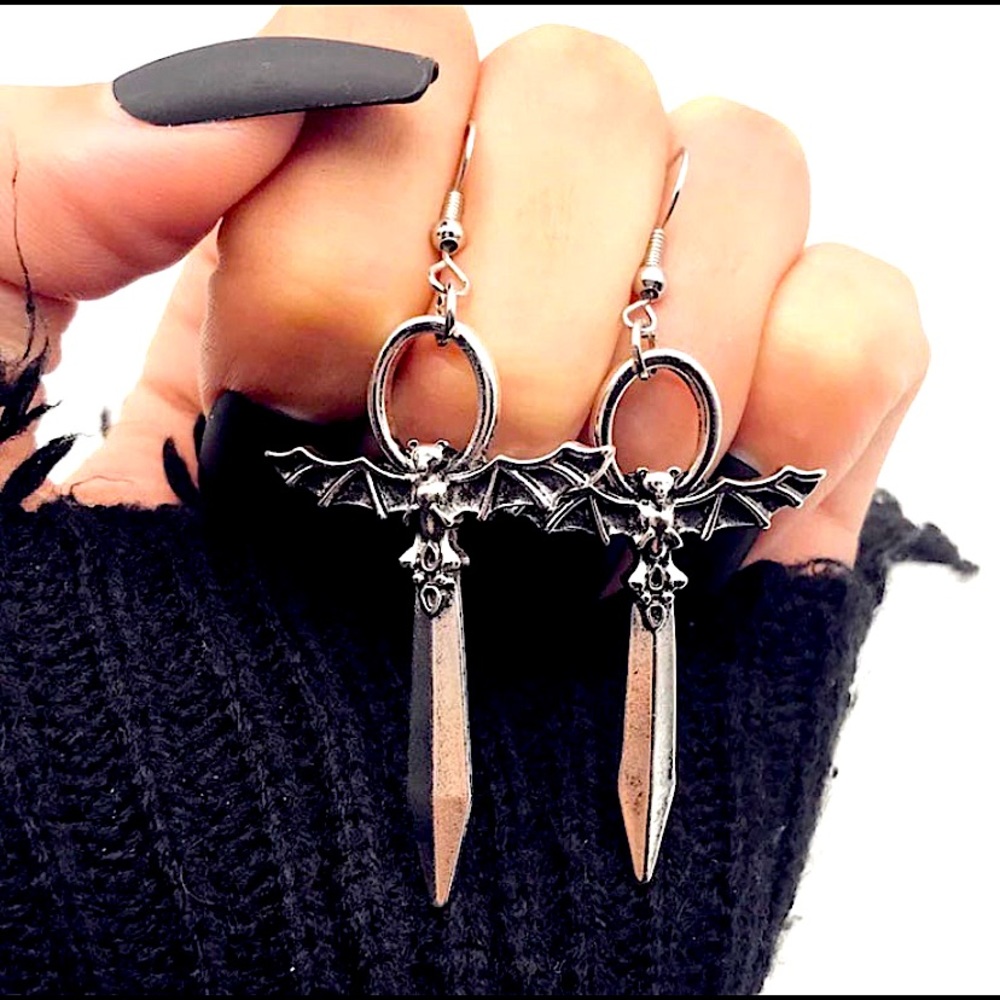 Bat Sword Dangle 925 Silver S925 Hooks Earrings womans Spooky Jewelry New Pair